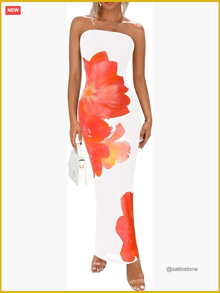 Strapless Maxi Dress Bodycon Floral Mesh Tube Cocktail Formal